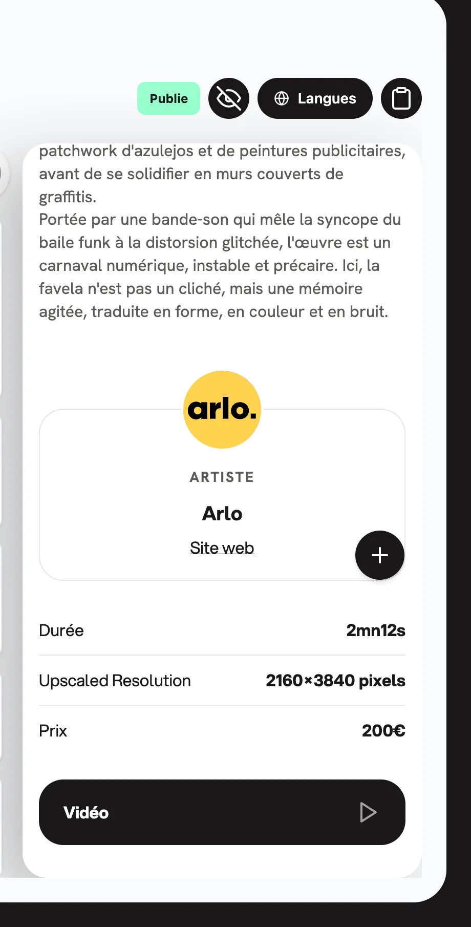 Le certificat digital de l’œuvre sur mobile : présentation, carte Artiste Arlo, caractéristiques de l’œuvre (durée, résolution, prix) et bouton Vidéo.