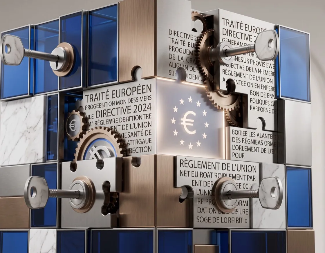A puzzle cube of metal, glass and marble, locked with keys, with the glowing European emblem at its centre.