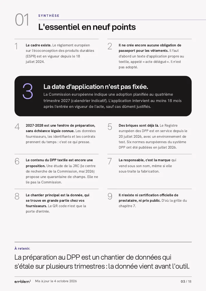 “The essentials in nine points” page of the textile DPP guide