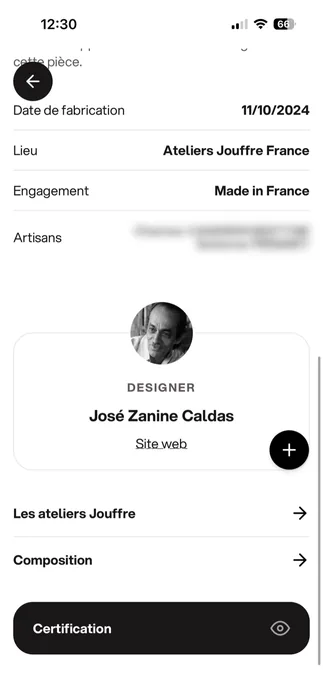 Detail of the Emblem certificate: manufacturing date 11/10/2024, place of manufacture in France, "Made in France" commitment, and an "Artisans" line whose names are deliberately blurred.