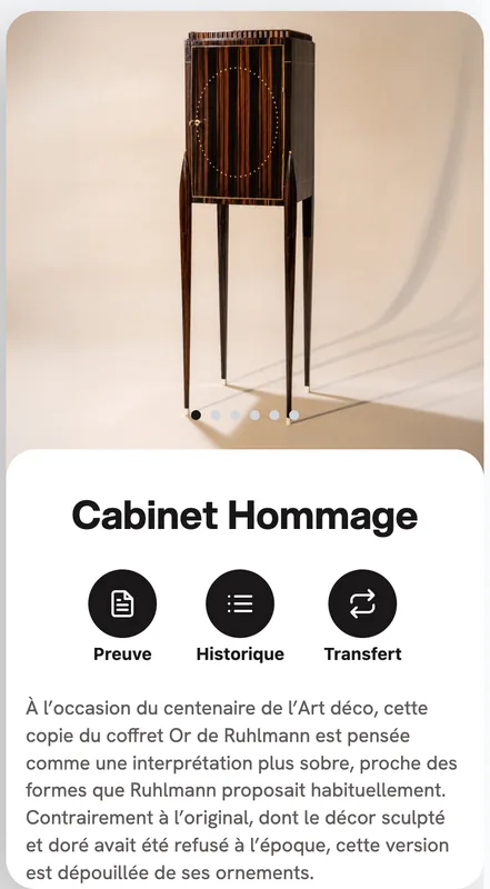 The finished Cabinet Hommage certificate on the owner’s phone: photo of the piece, its name, and the Proof, History and Transfer buttons.