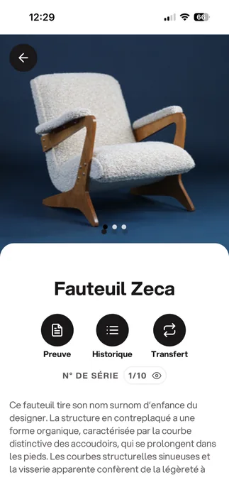 Product page in the Emblem app: the Zeca armchair, cream bouclé seat and waxed plywood base, photographed against a midnight blue background.