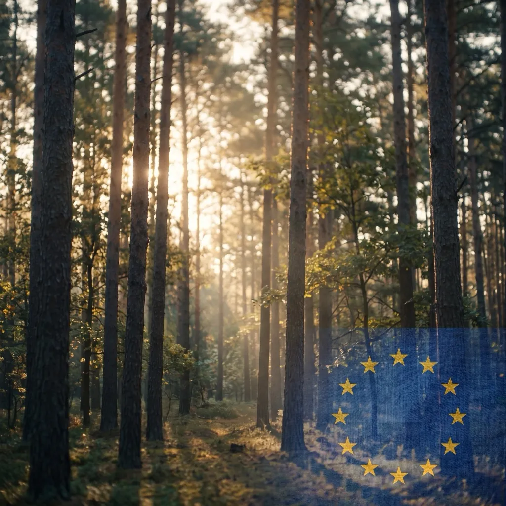 Backlit pine understory, thumbnail for the EUDR milestone, the deforestation regulation.
