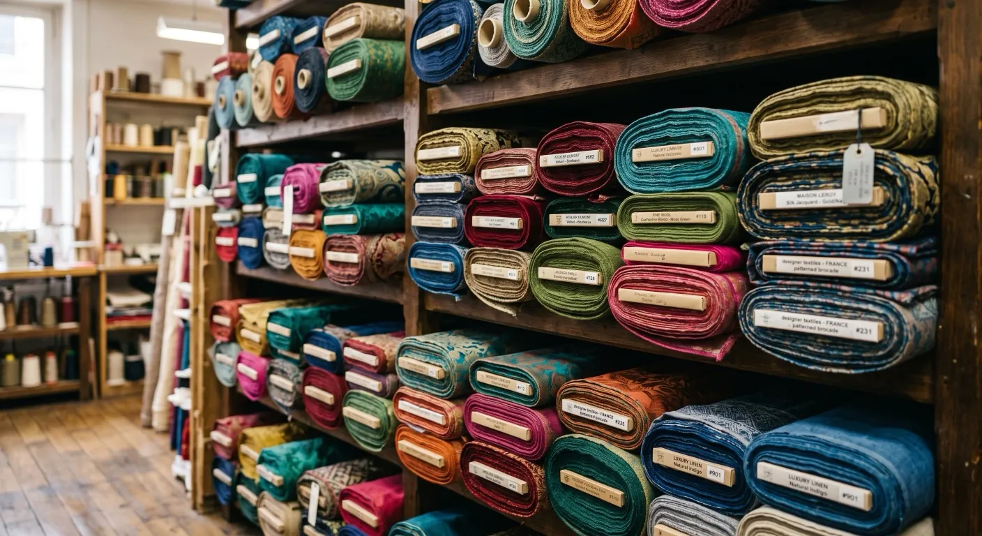 Shelves of labelled upholstery fabric rolls in a workshop, thumbnail for the EmpCo milestone.