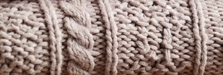 Close-up of a chunky ecru knit: a column of cables between two seed-stitch panels.